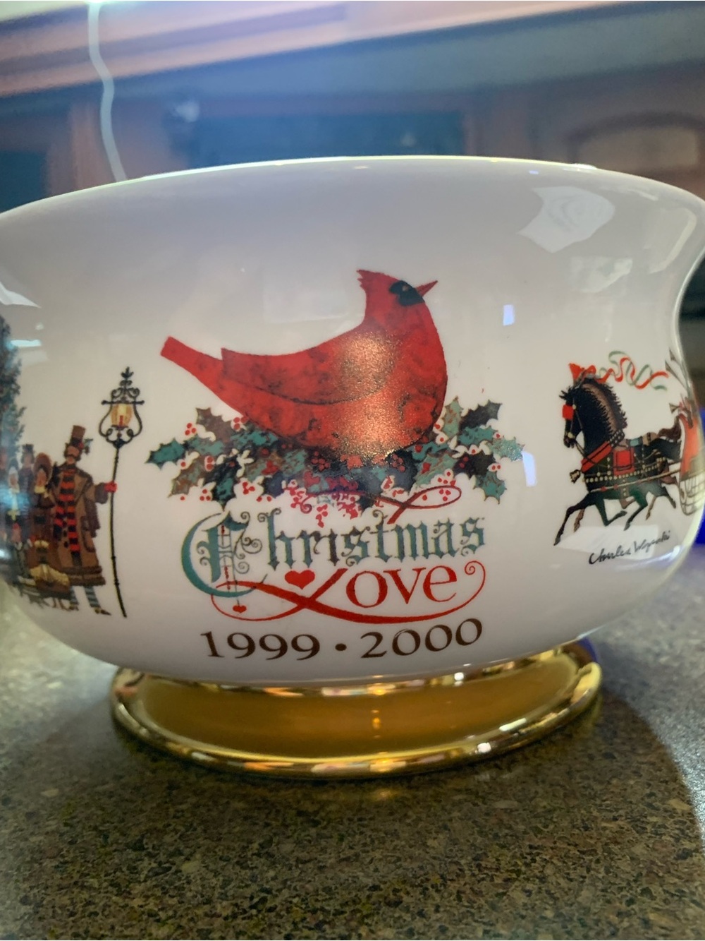 Vintage Charles Wysocki Christmas Love 1999-2000 Footed Ceramic Gift Bowl